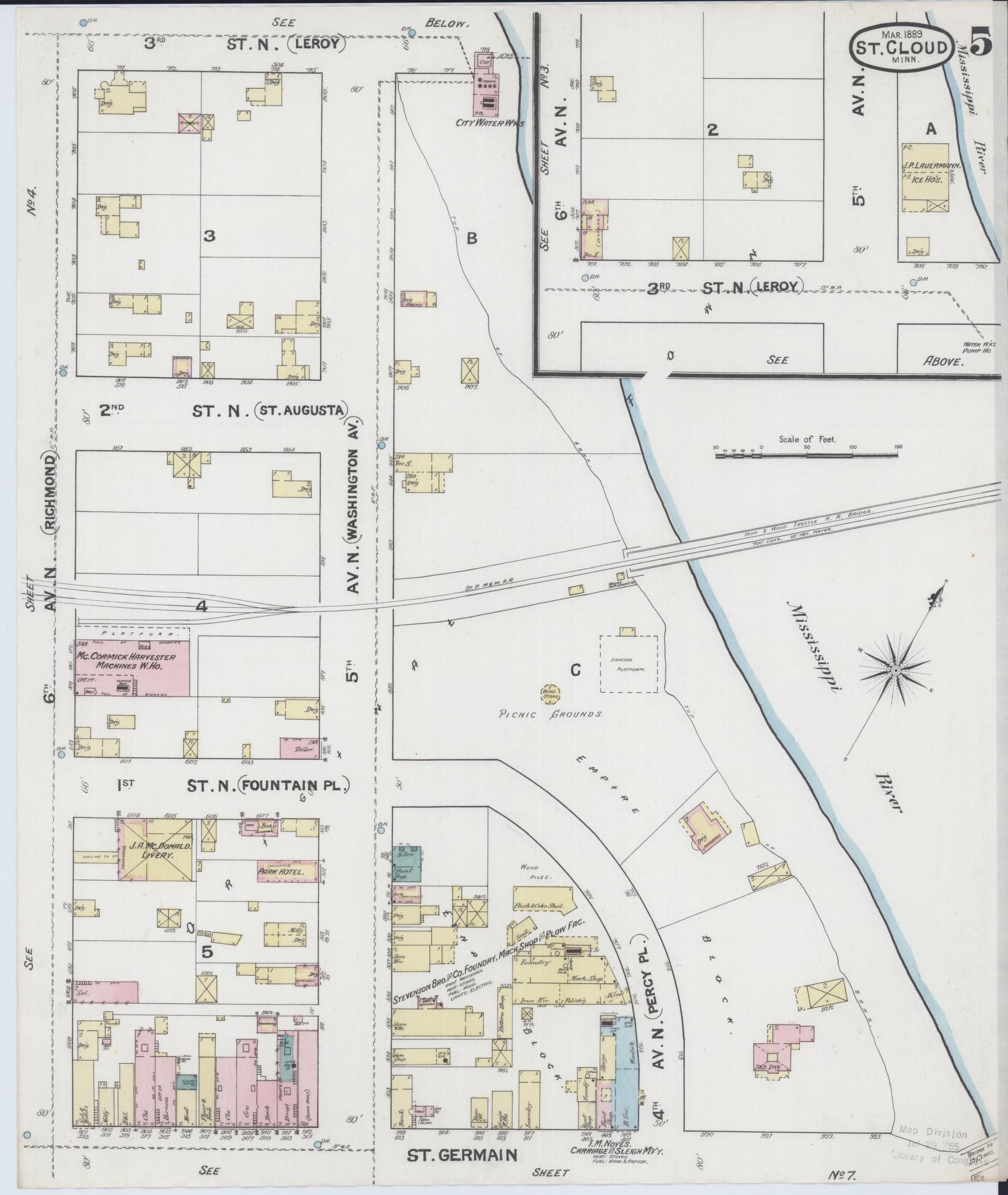 Sanborn Fire Insurance Map from Saint Cloud, Stearns, Benton, and Sherburne Counties, Minnesota (1889), Sheet #0005 - Complete Map Set gallery image, historic Sanborn map, vintage wall art, Minnesota Minnesota