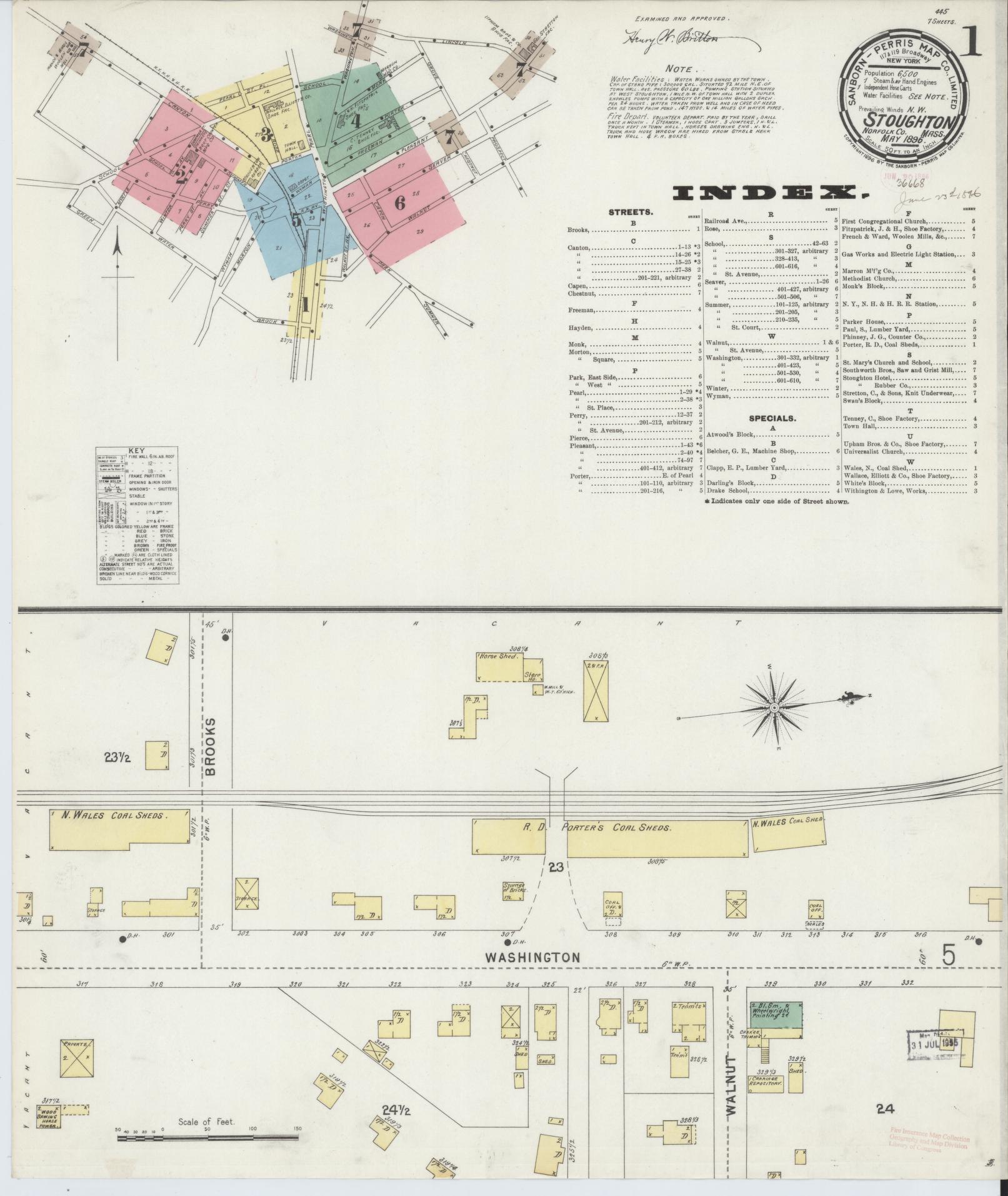 Sanborn Fire Insurance Map from Stoughton, Norfolk County, Massachusetts (1896), Sheet #0001 - Historic Sanborn Fire Insurance Map Print, vintage old map wall art, antique decor, genealogy gift, Massachusetts Massachusetts map