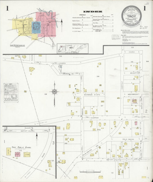 Sanborn Fire Insurance Map from Troy, Obion County, Tennessee (1930), Sheet #0001 - Historic Sanborn Fire Insurance Map Print, vintage old map wall art, antique decor, genealogy gift, Tennessee Tennessee map