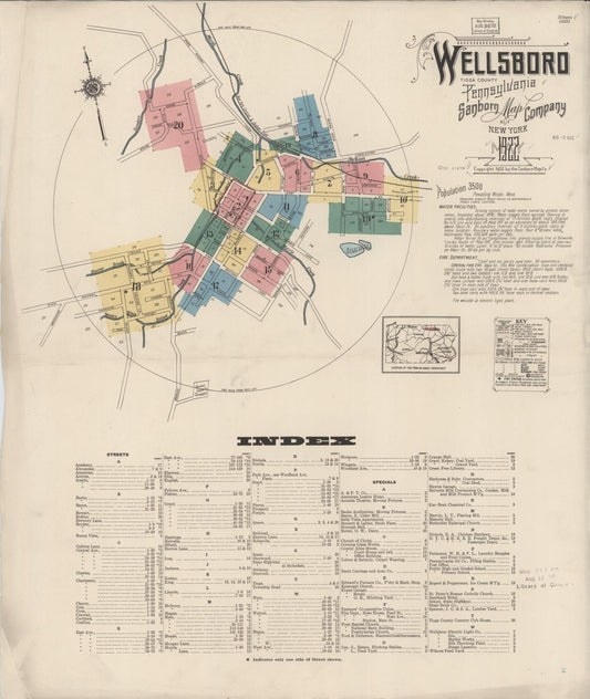 Sanborn Fire Insurance Map from Wellsboro, Tioga County, Pennsylvania (1922), Sheet #0001 - Historic Sanborn Fire Insurance Map Print, vintage old map wall art, antique decor, genealogy gift, Pennsylvania Pennsylvania map