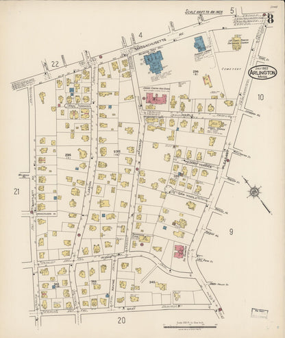 Sanborn Fire Insurance Map from Arlington, Middlesex County, Massachusetts (1922), Sheet #0008 - Historic Sanborn Fire Insurance Map Print, vintage old map wall art, antique decor, genealogy gift, Massachusetts Massachusetts map