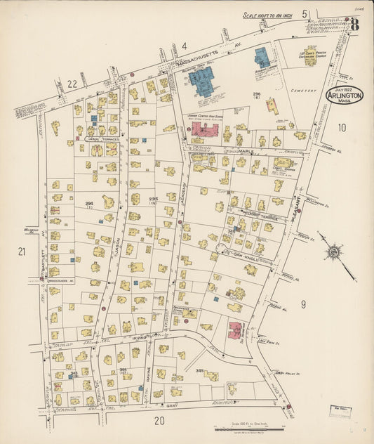 Sanborn Fire Insurance Map from Arlington, Middlesex County, Massachusetts (1922), Sheet #0008 - Historic Sanborn Fire Insurance Map Print, vintage old map wall art, antique decor, genealogy gift, Massachusetts Massachusetts map