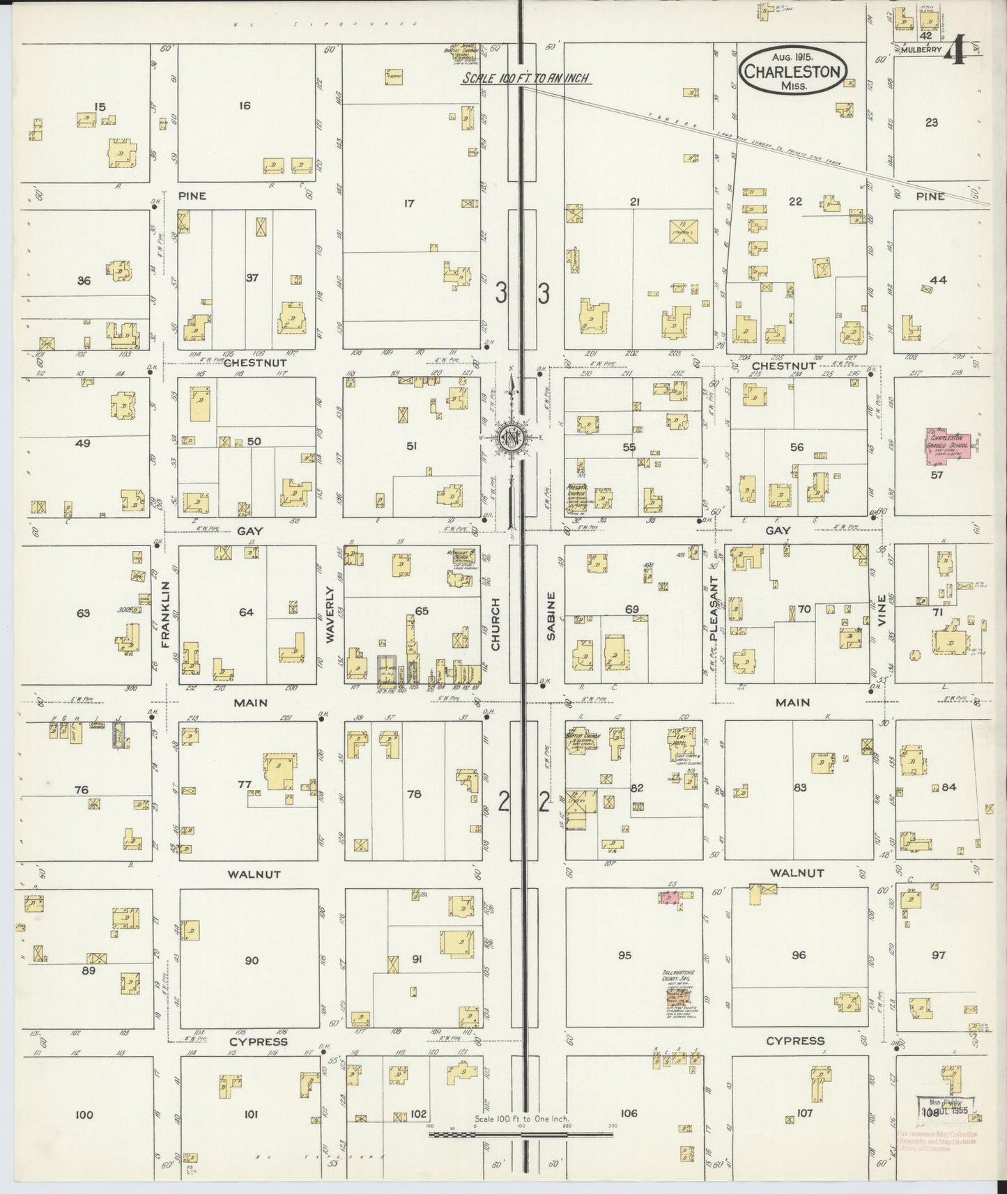 Sanborn Fire Insurance Map from Charleston, Tallahatchie County, Mississippi (1915), Sheet #0004 - Historic Sanborn Fire Insurance Map Print, vintage old map wall art, antique decor, genealogy gift, Mississippi Mississippi map