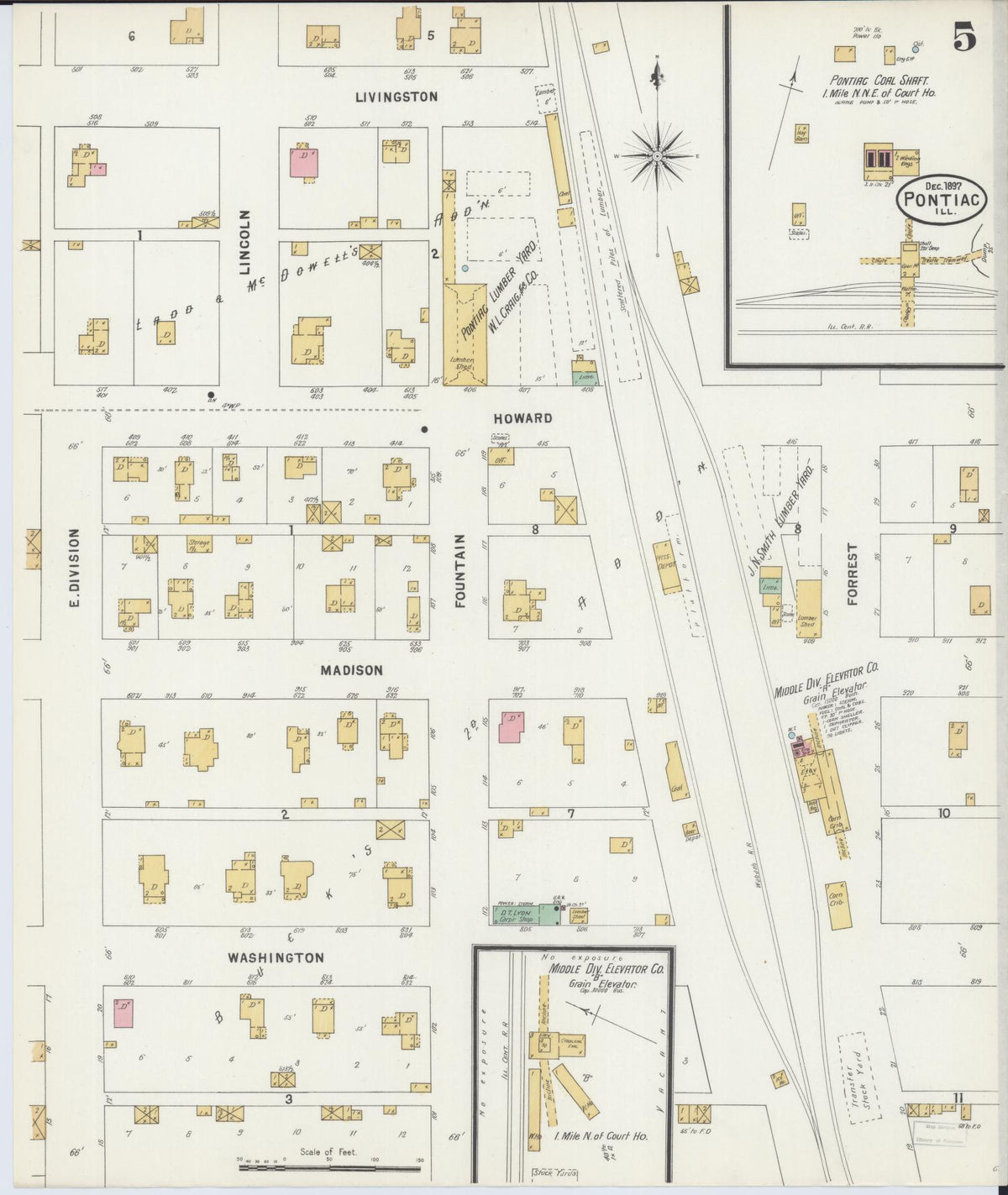 Sanborn Fire Insurance Map from Pontiac, Livingston County, Illinois (1897), Sheet #0005 - Complete Map Set gallery image, historic Sanborn map, vintage wall art, Illinois Illinois