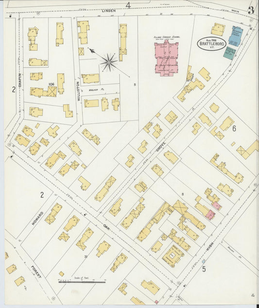 Sanborn Fire Insurance Map from Brattleboro, Windham County, Vermont (1906), Sheet #0003 - Historic Sanborn Fire Insurance Map Print, vintage old map wall art, antique decor, genealogy gift, Vermont Vermont map