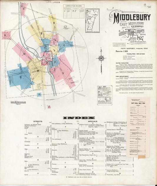 Sanborn Fire Insurance Map from Middlebury, Addison County, Vermont (1944), Sheet #0001 - Historic Sanborn Fire Insurance Map Print, vintage old map wall art, antique decor, genealogy gift, Vermont Vermont map