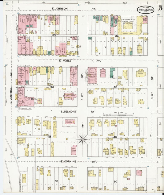 Sanborn Fire Insurance Map from Parsons, Labette County, Kansas (1888), Sheet #0005 - Historic Sanborn Fire Insurance Map Print, vintage old map wall art, antique decor, genealogy gift, Kansas Kansas map