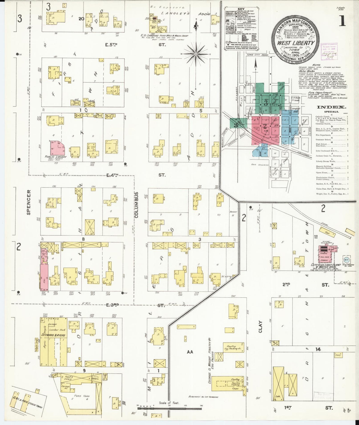 Sanborn Fire Insurance Map from West Liberty, Muscatine County, Iowa (1906), Sheet #0001 - Historic Sanborn Fire Insurance Map Print, vintage old map wall art