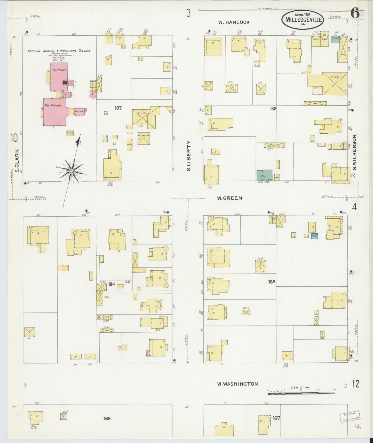 Sanborn Fire Insurance Map from Milledgeville, Baldwin County, Georgia (1908), Sheet #0006 - Historic Sanborn Fire Insurance Map Print, vintage old map wall art, antique decor, genealogy gift, Georgia Georgia map