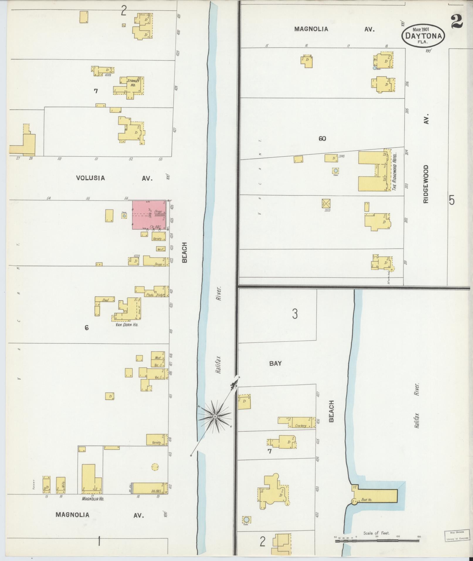 Sanborn Fire Insurance Map from Daytona, Volusia County, Florida (1901), Sheet #0002 - Complete Map Set gallery image, historic Sanborn map, vintage wall art, Florida Florida