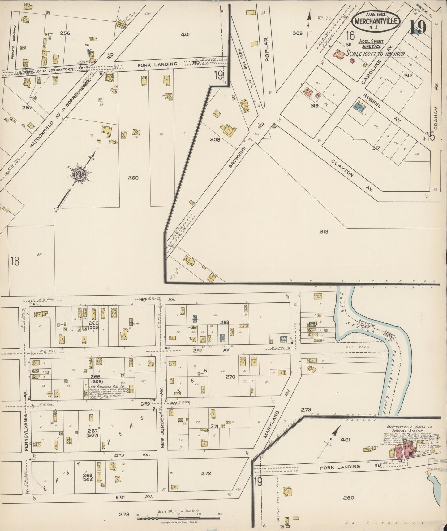 Sanborn Fire Insurance Map from Merchantville, Camden County, New Jersey (1921), Sheet #0019 - Historic Sanborn Fire Insurance Map Print, vintage old map wall art, antique decor, genealogy gift, New Jersey New Jersey map