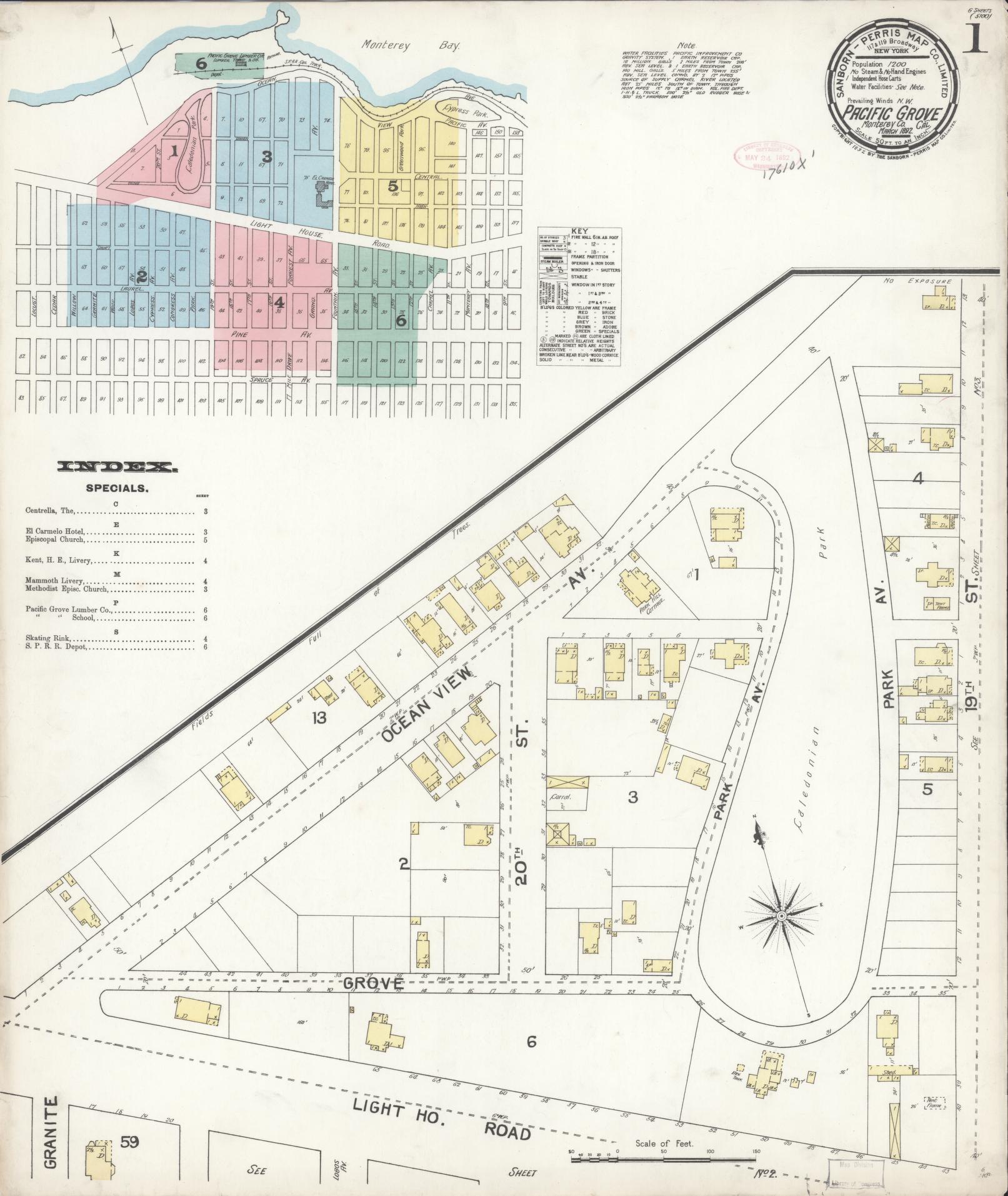 Sanborn Fire Insurance Map from Pacific Grove, Monterey County, California (1892), Sheet #0001 - Complete Map Set gallery image, historic Sanborn map, vintage wall art, California California