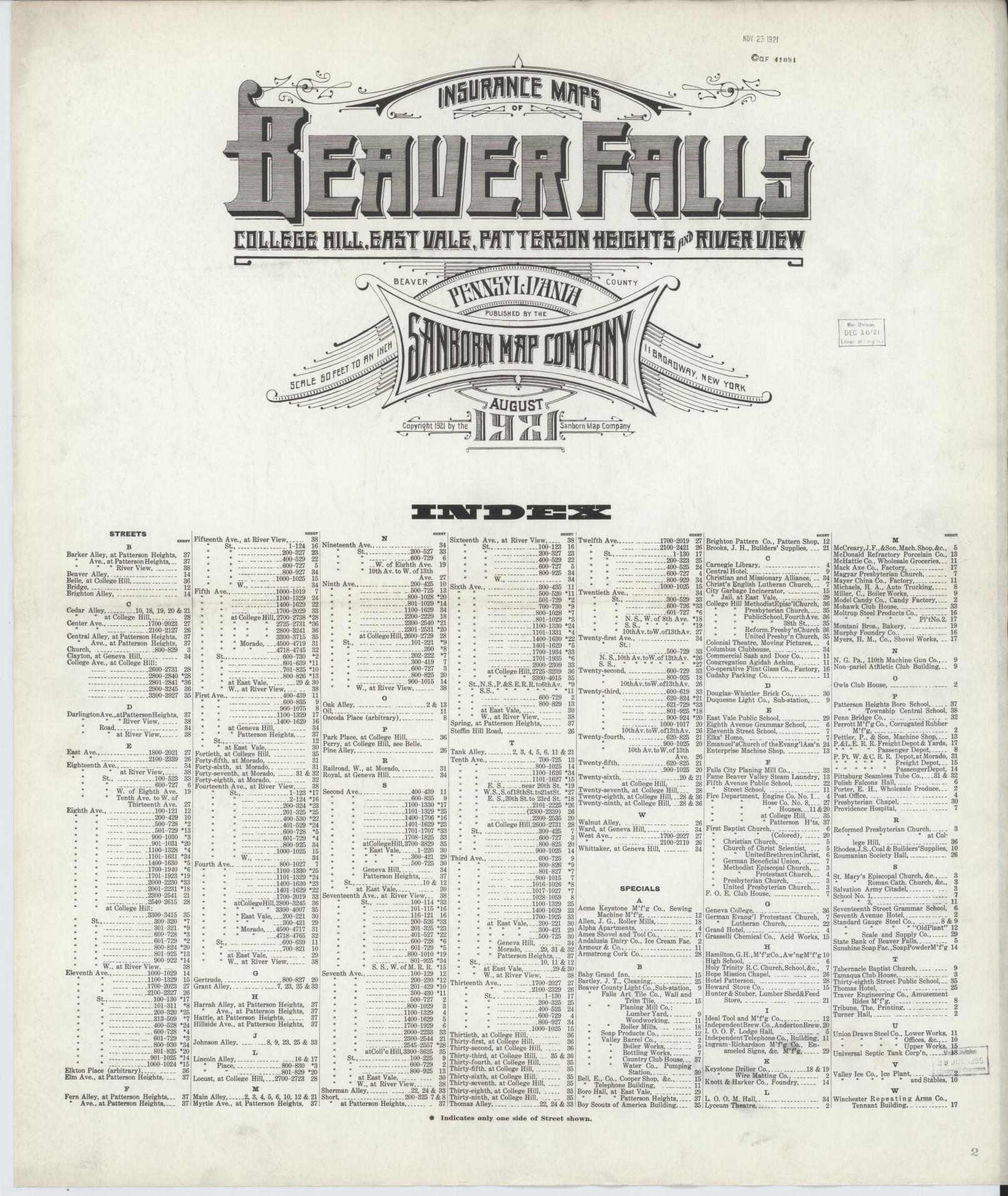 Sanborn Fire Insurance Map from Beaver Falls, Beaver County, Pennsylvania (1921), Sheet #0001 - Historic Sanborn Fire Insurance Map Print, vintage old map wall art, antique decor, genealogy gift, Pennsylvania Pennsylvania map