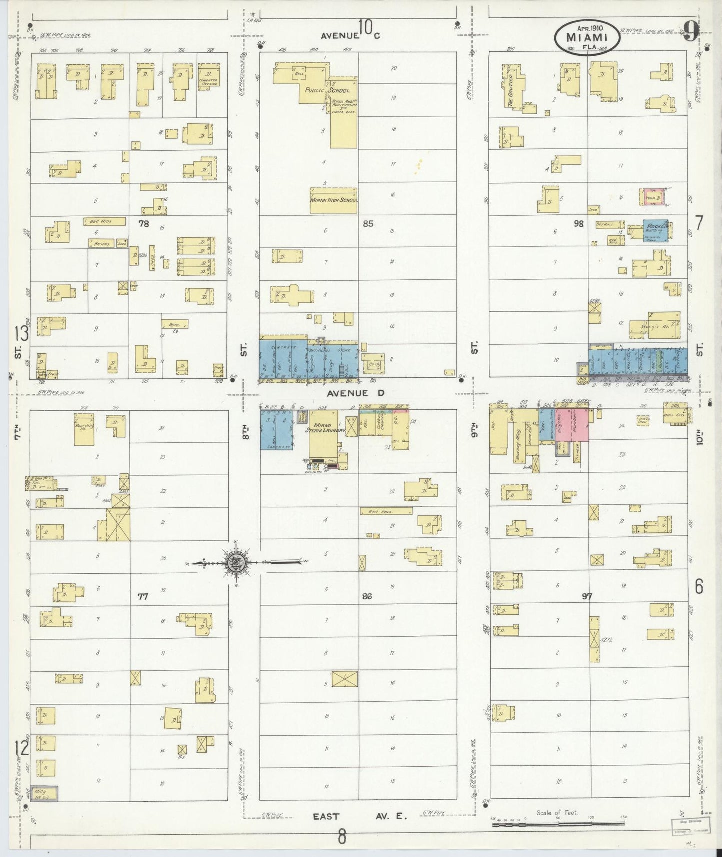Sanborn Fire Insurance Map from Miami, Dade County, Florida (1910), Sheet #0009 - Historic Sanborn Fire Insurance Map Print, vintage old map wall art, antique decor, genealogy gift, Florida Florida map