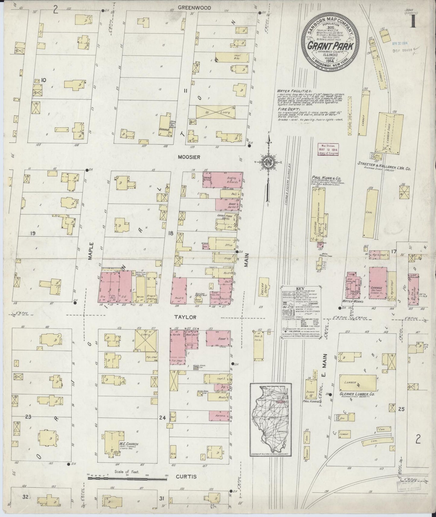 Sanborn Fire Insurance Map from Grant Park, Kankakee County, Illinois (1914), Sheet #0001 - Complete Map Set gallery image, historic Sanborn map, vintage wall art, Illinois Illinois