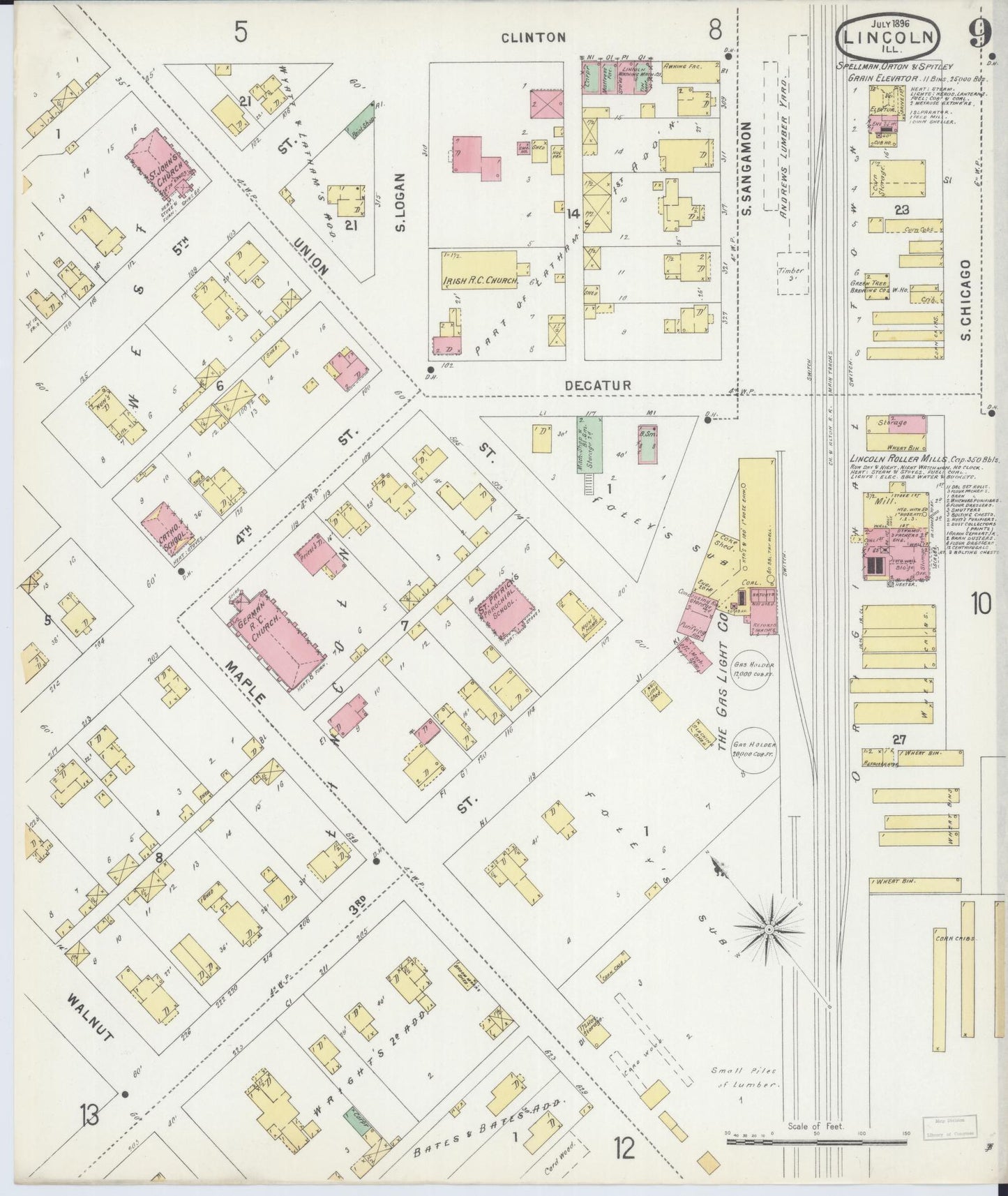 Sanborn Fire Insurance Map from Lincoln, Logan County, Illinois (1896), Sheet #0009 - Historic Sanborn Fire Insurance Map Print, vintage old map wall art, antique decor, genealogy gift, Illinois Illinois map