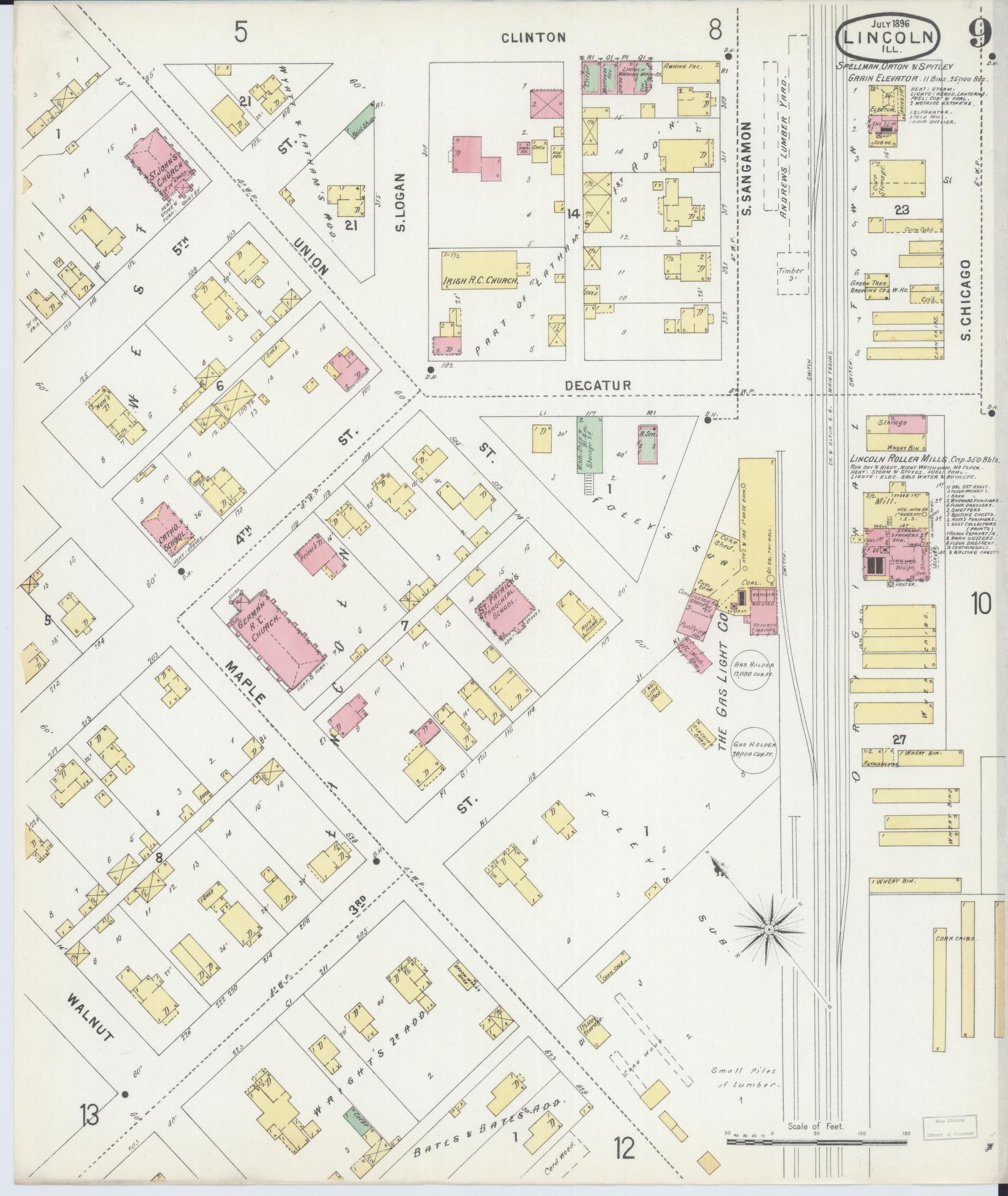 Sanborn Fire Insurance Map from Lincoln, Logan County, Illinois (1896), Sheet #0009 - Historic Sanborn Fire Insurance Map Print, vintage old map wall art, antique decor, genealogy gift, Illinois Illinois map