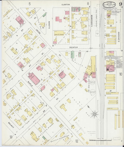 Sanborn Fire Insurance Map from Lincoln, Logan County, Illinois (1896), Sheet #0009 - Historic Sanborn Fire Insurance Map Print, vintage old map wall art, antique decor, genealogy gift, Illinois Illinois map