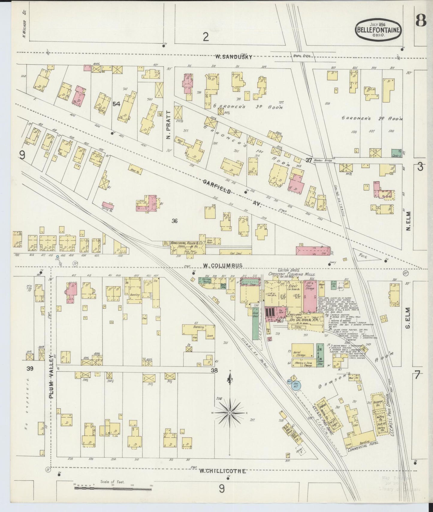 Sanborn Fire Insurance Map from Bellefontaine, Logan County, Ohio (1896), Sheet #0008 - Historic Sanborn Fire Insurance Map Print, vintage old map wall art, antique decor, genealogy gift, Ohio Ohio map