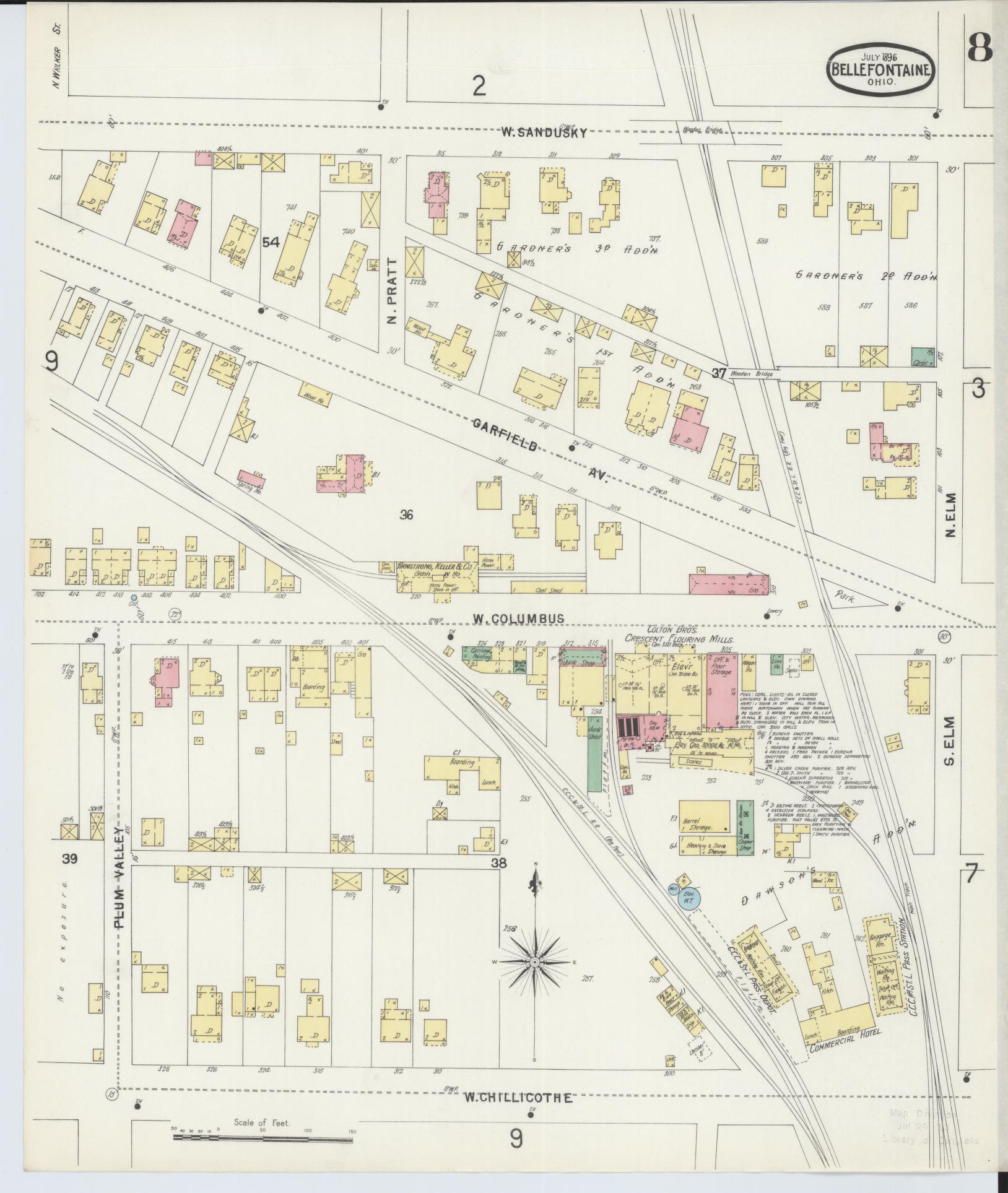 Sanborn Fire Insurance Map from Bellefontaine, Logan County, Ohio (1896), Sheet #0008 - Historic Sanborn Fire Insurance Map Print, vintage old map wall art, antique decor, genealogy gift, Ohio Ohio map