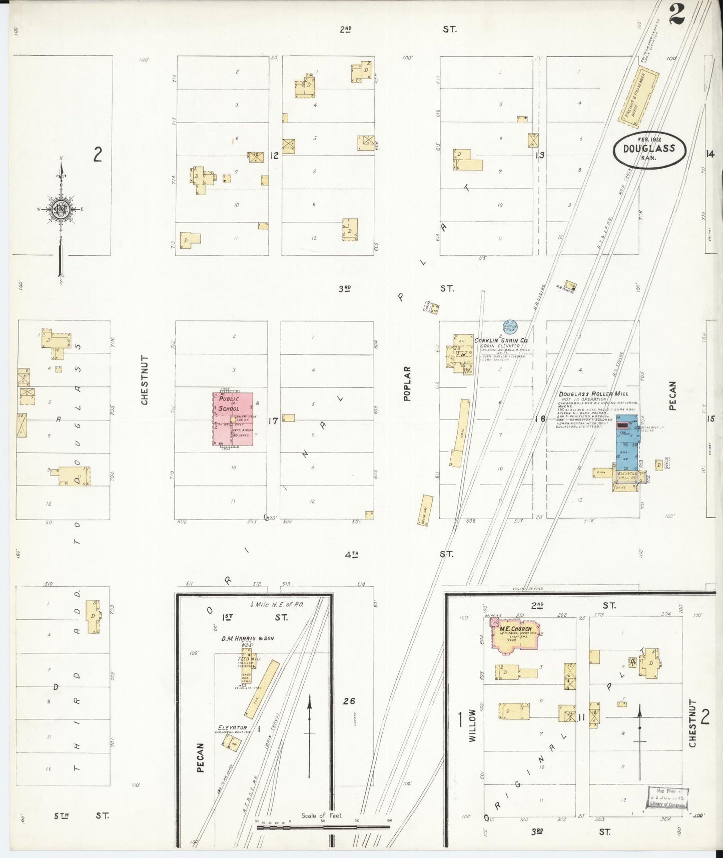 Sanborn Fire Insurance Map from Douglass, Butler County, Kansas (1912), Sheet #0002 - Historic Sanborn Fire Insurance Map Print, vintage old map wall art, antique decor, genealogy gift, Kansas Kansas map