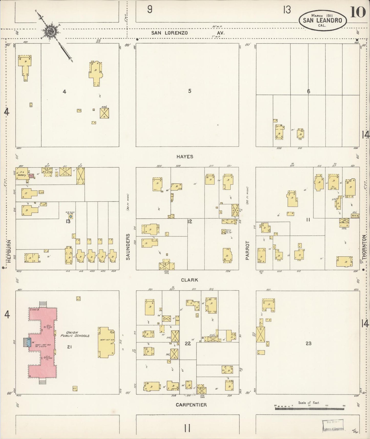 Sanborn Fire Insurance Map from San Leandro, Alameda County, California (1911), Sheet #0010 - Complete Map Set gallery image, historic Sanborn map, vintage wall art, California California
