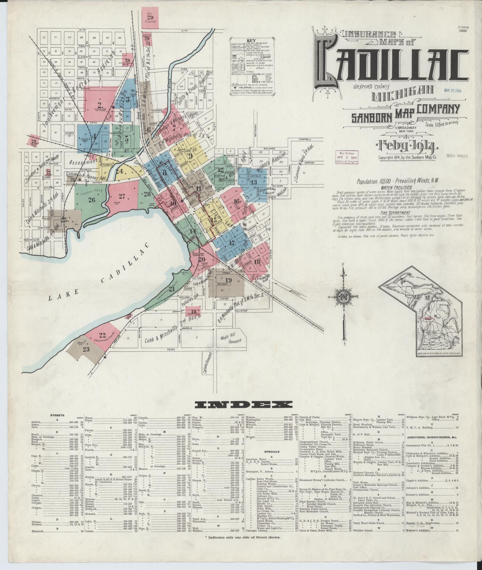 Sanborn Fire Insurance Map from Cadillac, Wexford County, Michigan (1914), Sheet #0001 - Complete Map Set gallery image, historic Sanborn map, vintage wall art, Michigan Michigan