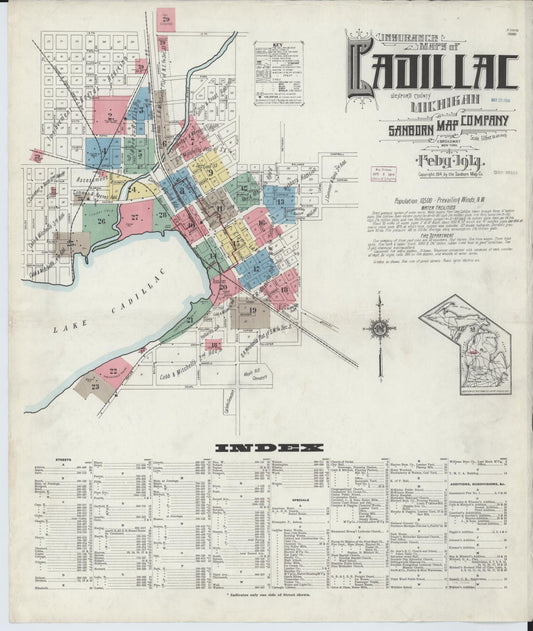 Sanborn Fire Insurance Map from Cadillac, Wexford County, Michigan (1914), Sheet #0001 - Complete Map Set gallery image, historic Sanborn map, vintage wall art, Michigan Michigan