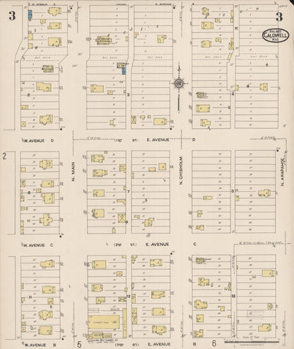 Sanborn Fire Insurance Map from Caldwell, Sumner County, Kansas (1922), Sheet #0003 - Complete Map Set gallery image, historic Sanborn map, vintage wall art, Kansas Kansas