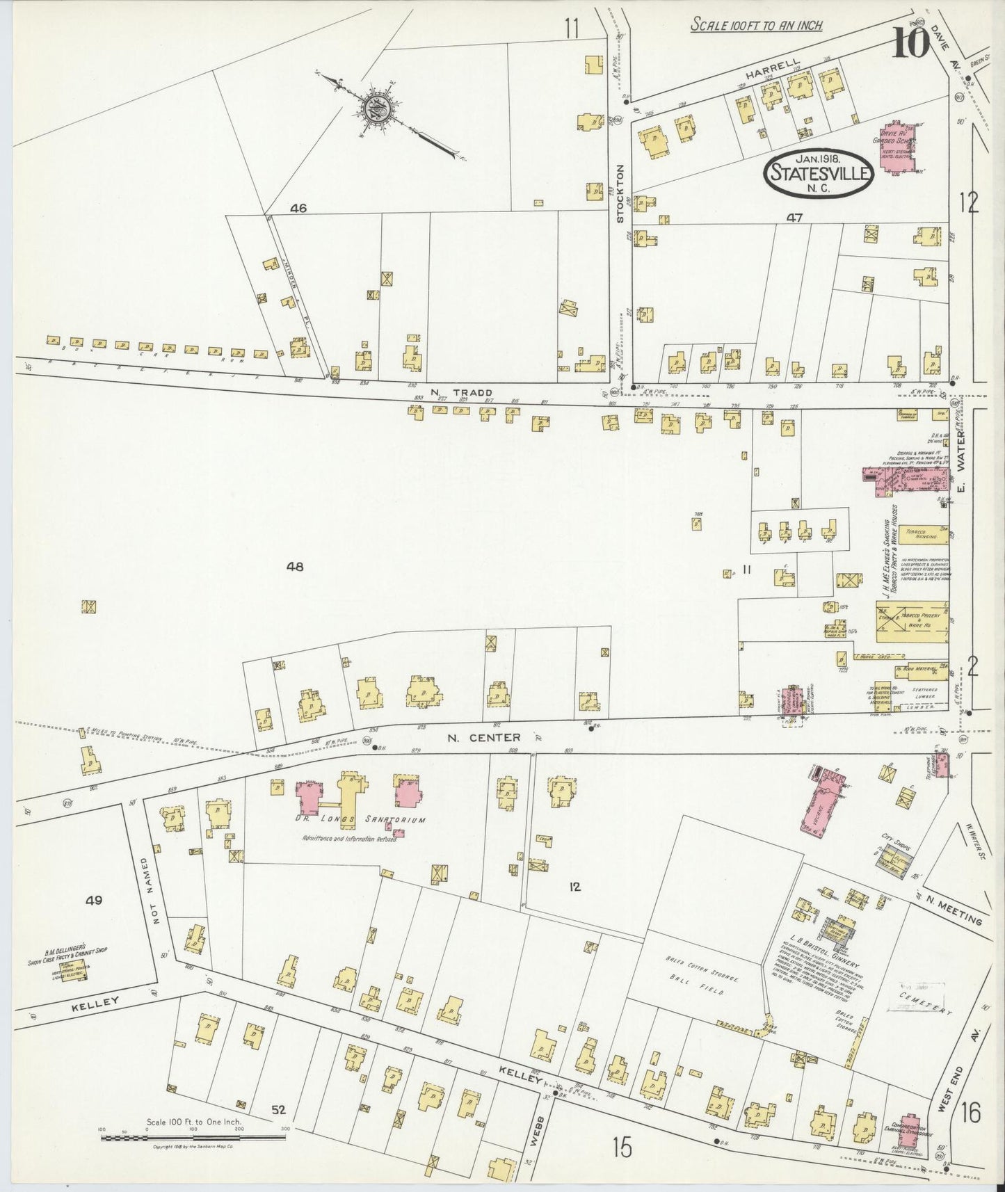 Sanborn Fire Insurance Map from Statesville, Iredell County, North Carolina (1918), Sheet #0010 - Historic Sanborn Fire Insurance Map Print, vintage old map wall art, antique decor, genealogy gift, North Carolina North Carolina map