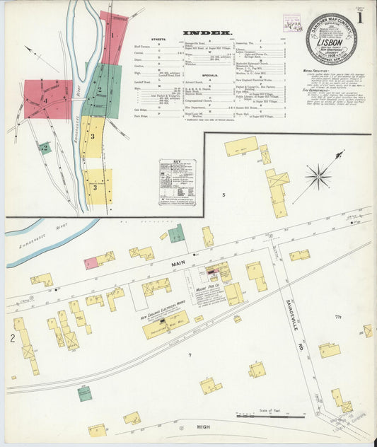 Sanborn Fire Insurance Map from Lisbon, Grafton County, New Hampshire (1909), Sheet #0001 - Historic Sanborn Fire Insurance Map Print, vintage old map wall art, antique decor, genealogy gift, New Hampshire New Hampshire map
