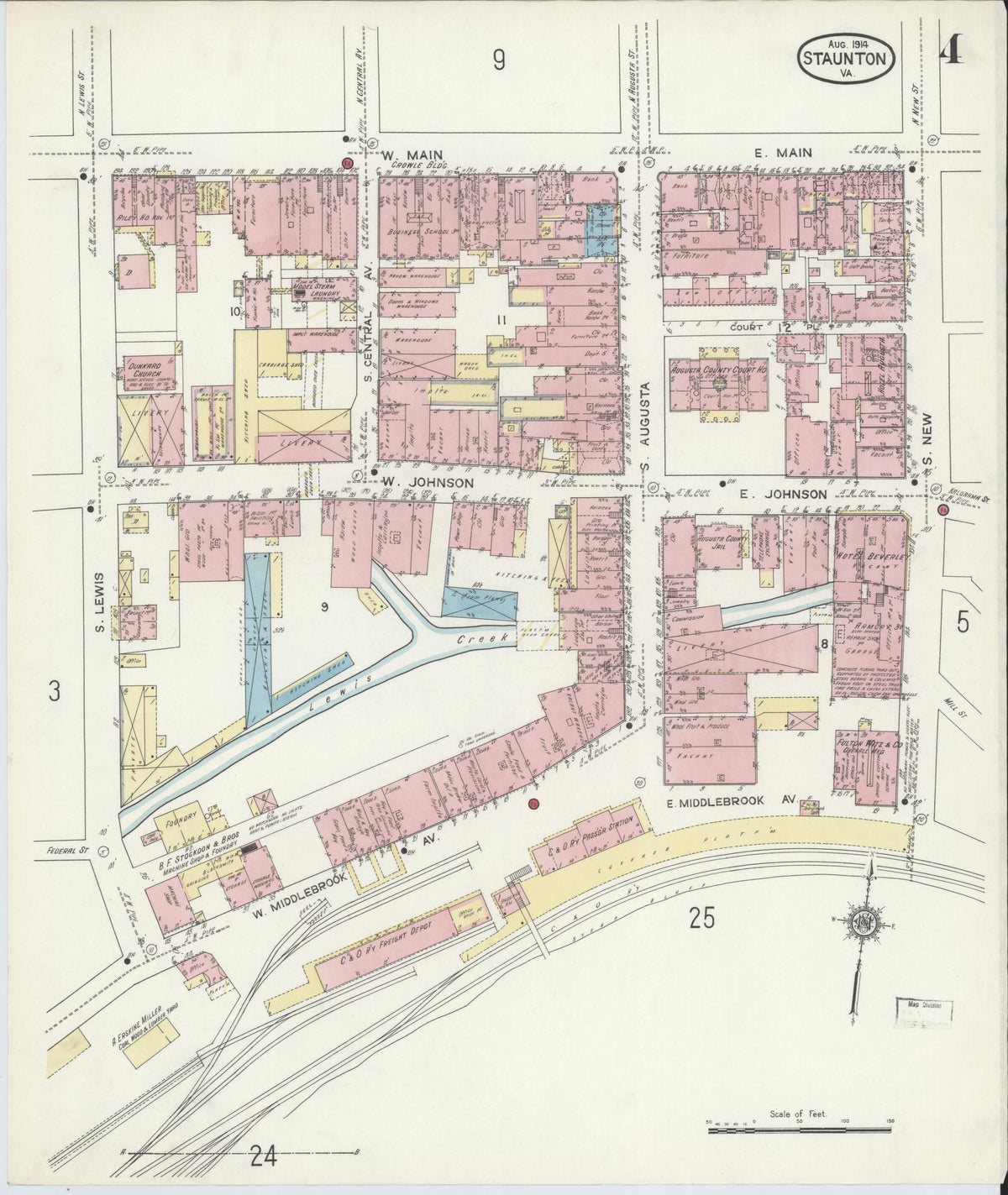 Sanborn Fire Insurance Map from Staunton, Independent Cities, Virginia (1914), Sheet #0004 - Historic Sanborn Fire Insurance Map Print, vintage old map wall art, antique decor, genealogy gift, Virginia Virginia map