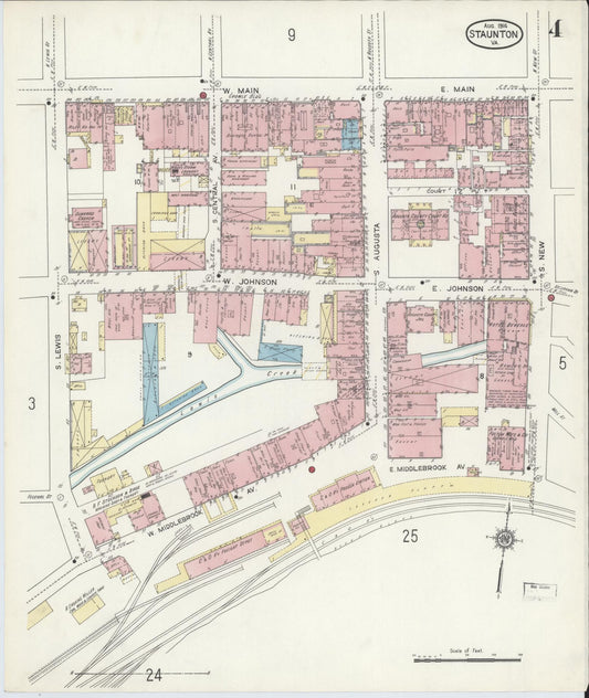 Sanborn Fire Insurance Map from Staunton, Independent Cities, Virginia (1914), Sheet #0004 - Historic Sanborn Fire Insurance Map Print, vintage old map wall art, antique decor, genealogy gift, Virginia Virginia map