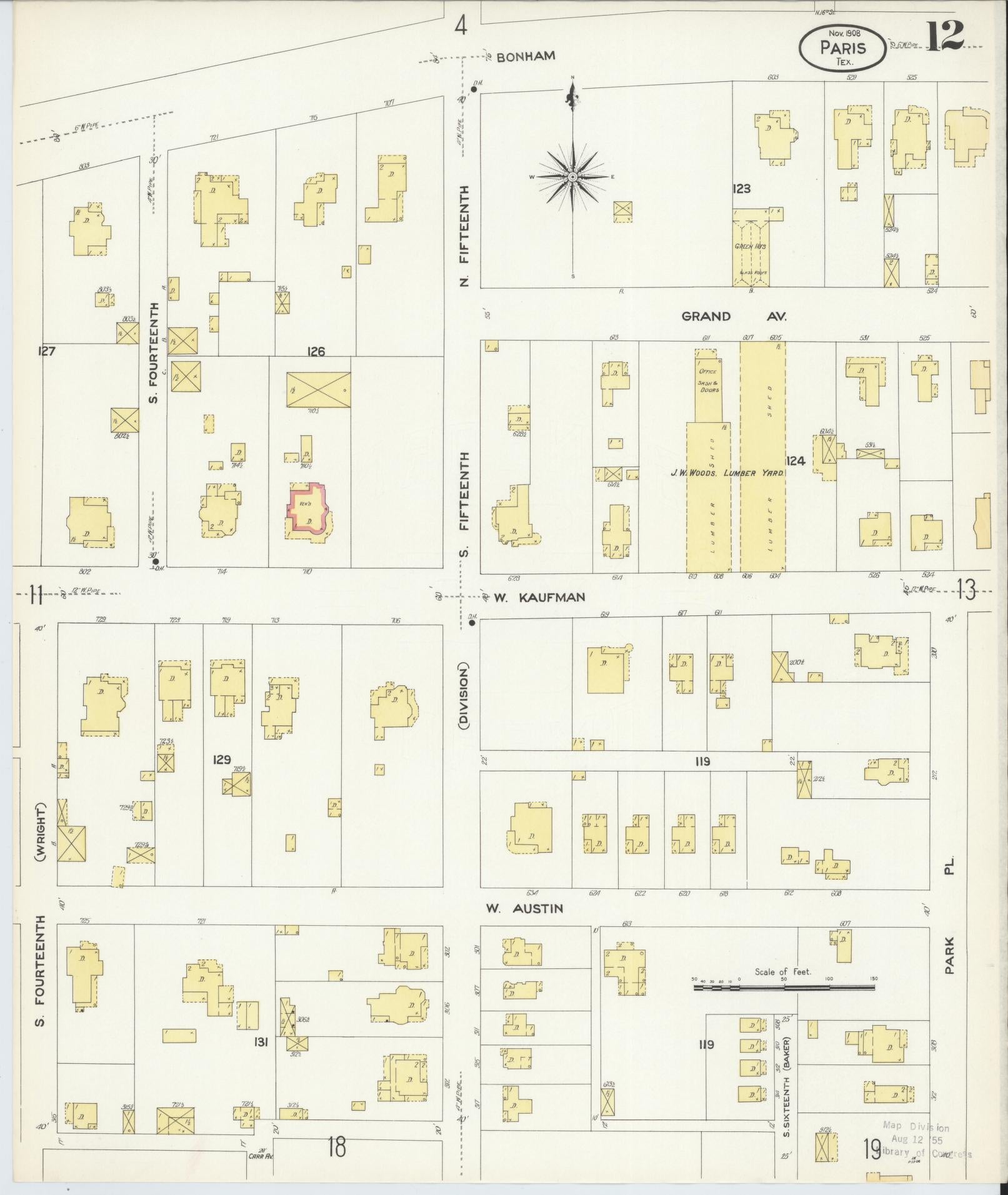 Sanborn Fire Insurance Map from Paris, Lamar County, Texas (1908), Sheet #0012 - Historic Sanborn Fire Insurance Map Print, vintage old map wall art, antique decor, genealogy gift, Texas Texas map