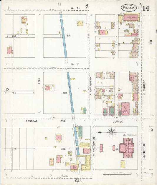 Sanborn Fire Insurance Map from Phoenix, Maricopa County, Arizona (1901), Sheet #0014 - Historic Sanborn Fire Insurance Map Print, vintage old map wall art, antique decor, genealogy gift, Arizona Arizona map