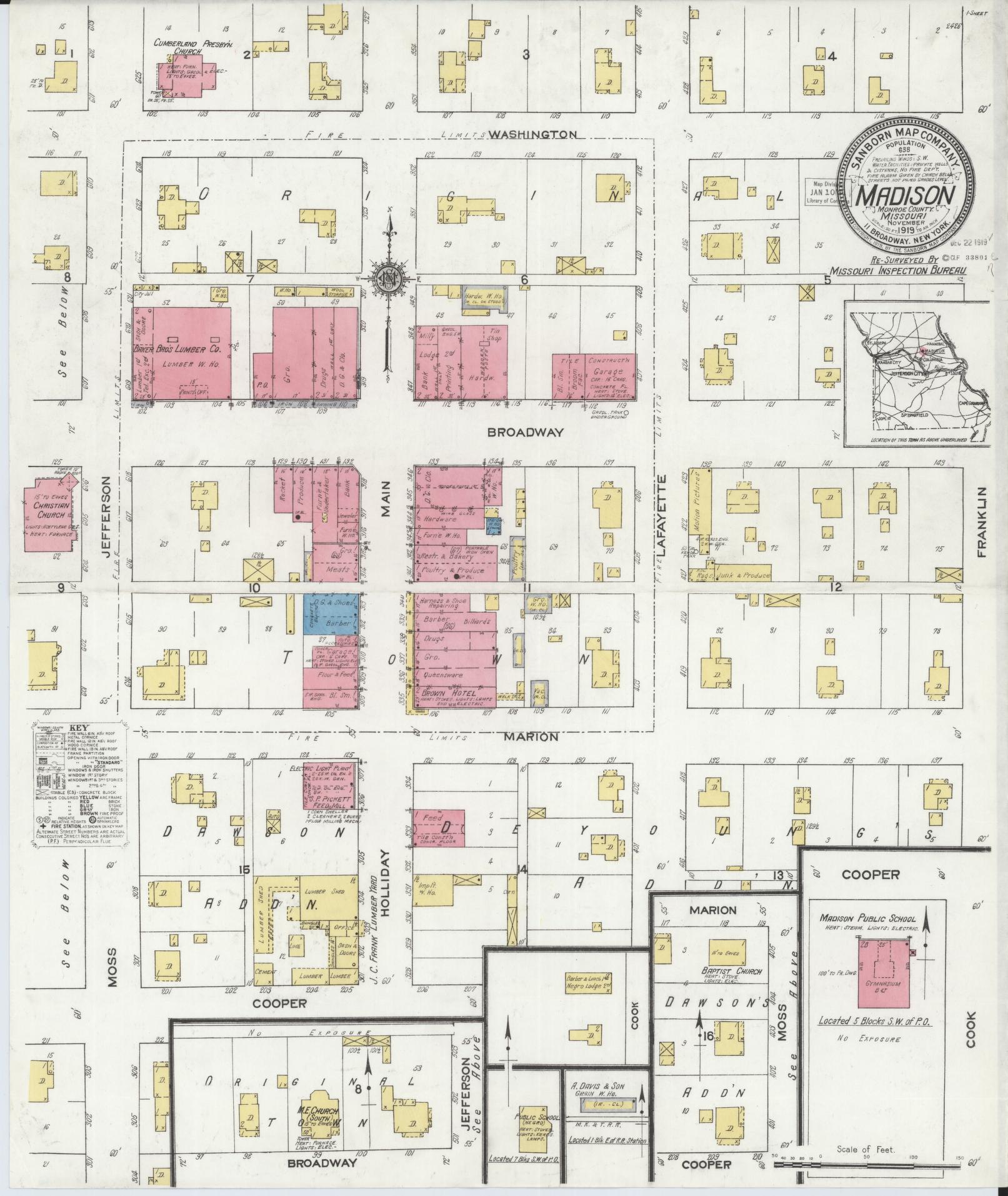 Sanborn Fire Insurance Map from Madison, Monroe County, Missouri (1919), Sheet #0001 - Historic Sanborn Fire Insurance Map Print, vintage old map wall art, antique decor, genealogy gift, Missouri Missouri map