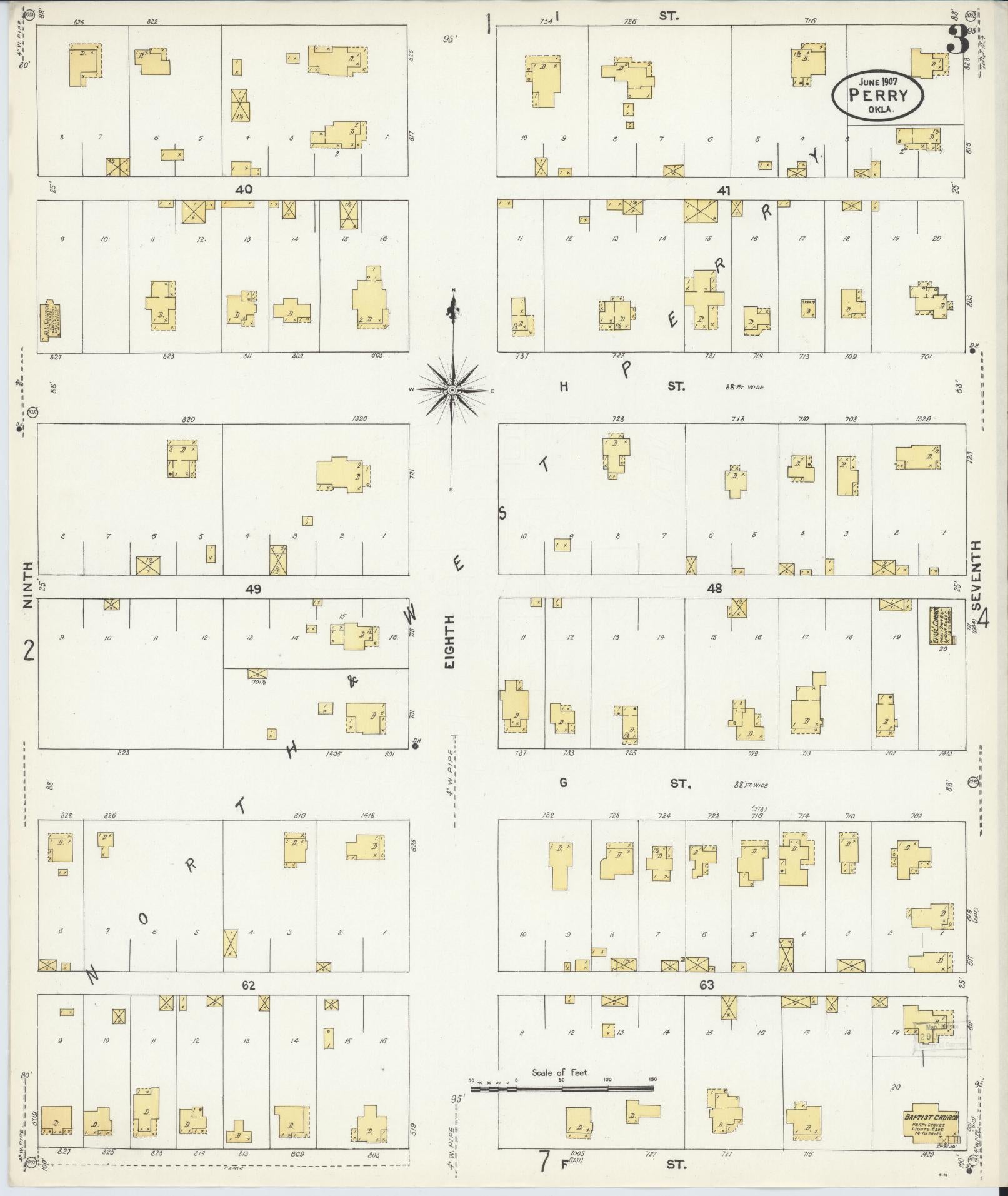 Sanborn Fire Insurance Map from Perry, Noble County, Oklahoma (1907), Sheet #0003 - Complete Map Set gallery image, historic Sanborn map, vintage wall art, Oklahoma Oklahoma