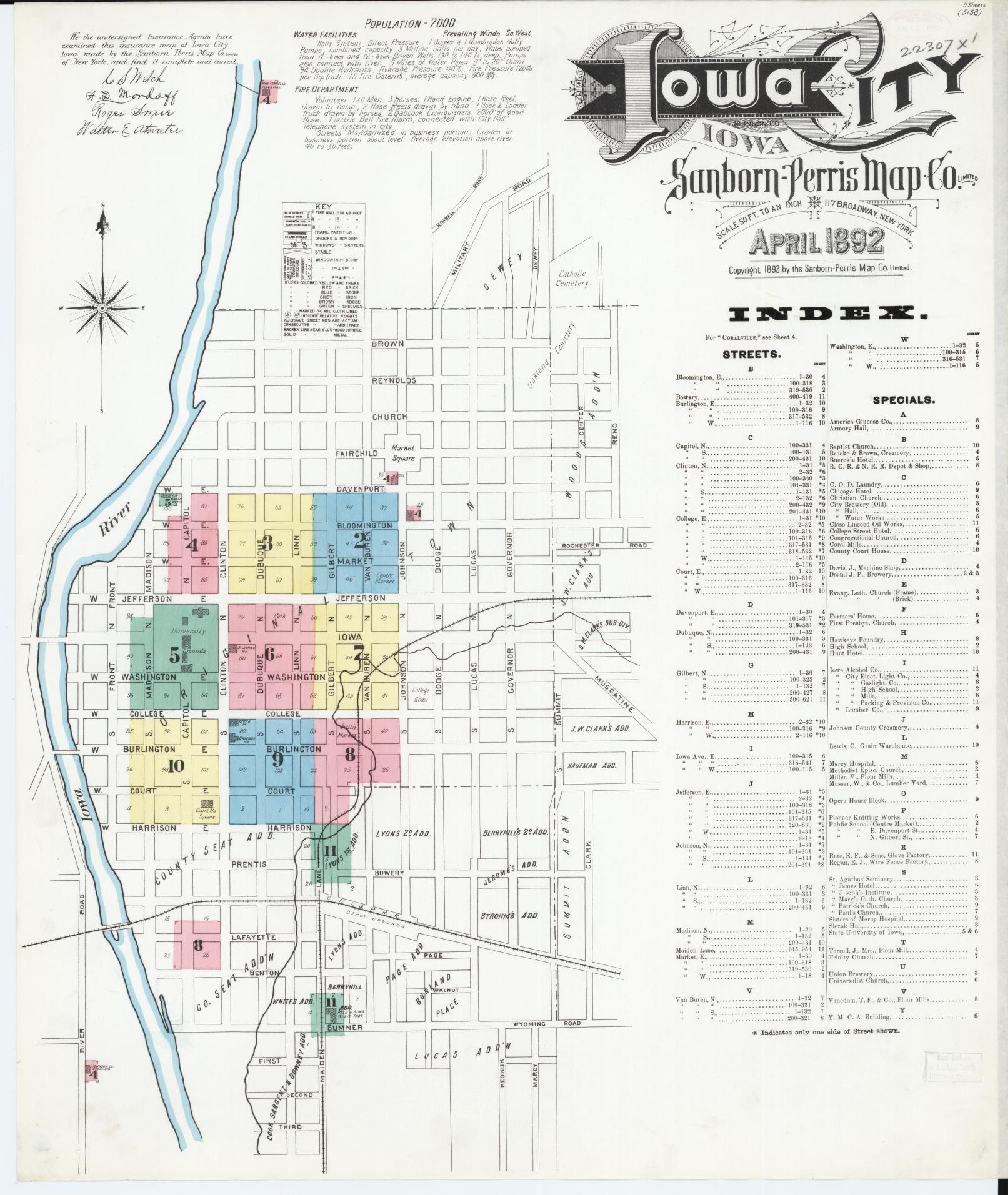 Sanborn Fire Insurance Map from Iowa City, Johnson County, Iowa (1892), Sheet #0001 - Historic Sanborn Fire Insurance Map Print, vintage old map wall art