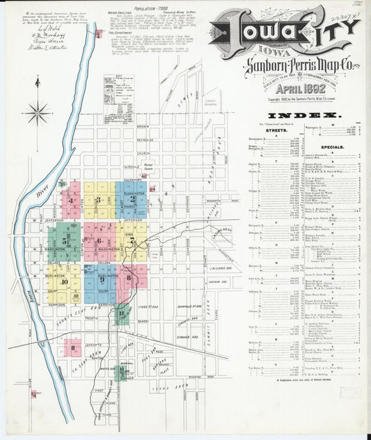 Sanborn Fire Insurance Map from Iowa City, Johnson County, Iowa (1892), Sheet #0001 - Historic Sanborn Fire Insurance Map Print, vintage old map wall art