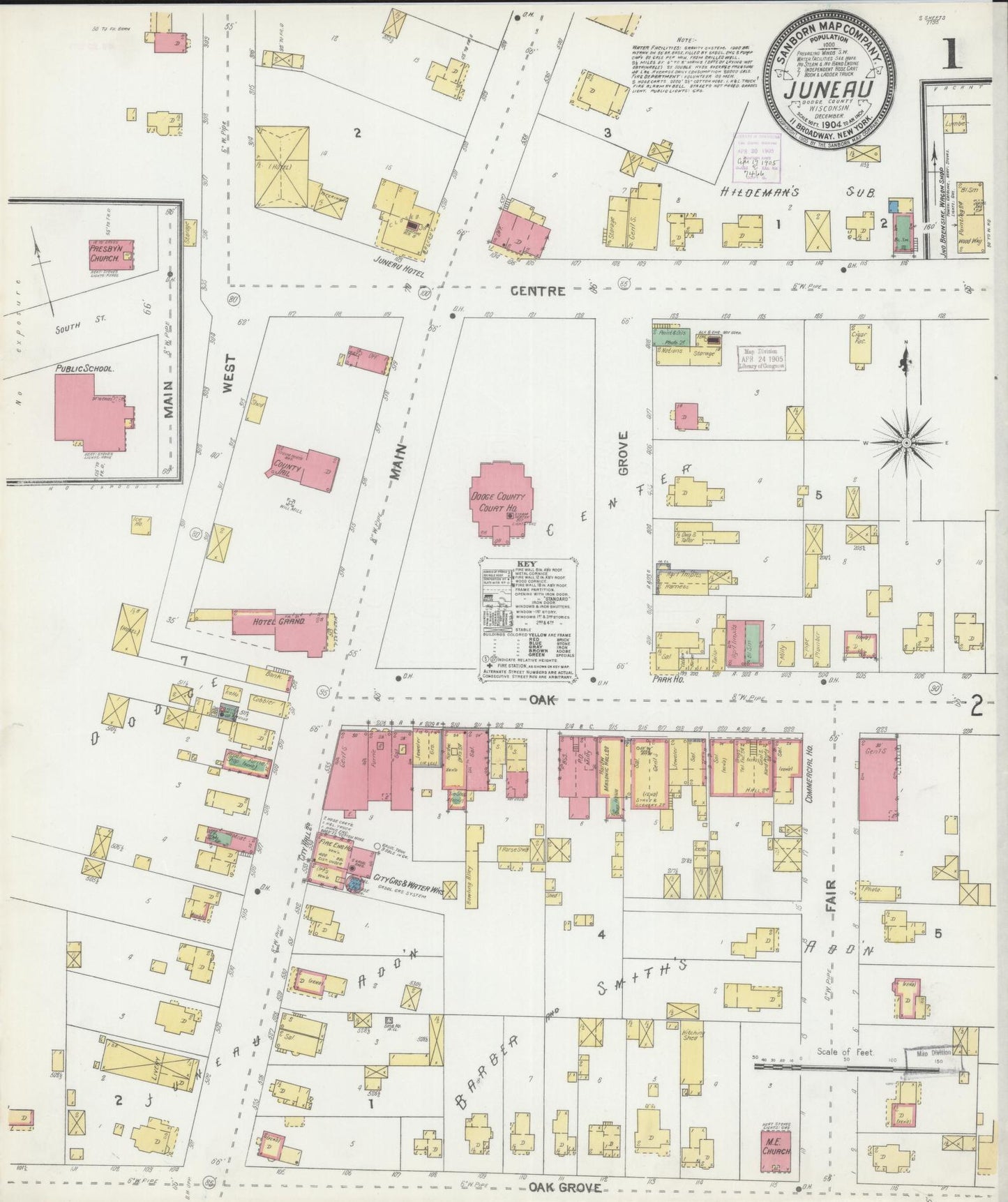 Sanborn Fire Insurance Map from Juneau, Dodge County, Wisconsin (1904), Sheet #0001 - Complete Map Set gallery image, historic Sanborn map, vintage wall art, Wisconsin Wisconsin