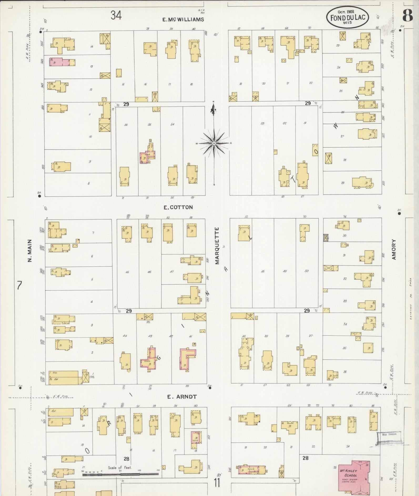 Sanborn Fire Insurance Map from Fond du Lac, Fond du Lac County, Wisconsin (1908), Sheet #0008 - Historic Sanborn Fire Insurance Map Print, vintage old map wall art, antique decor, genealogy gift, Wisconsin Wisconsin map