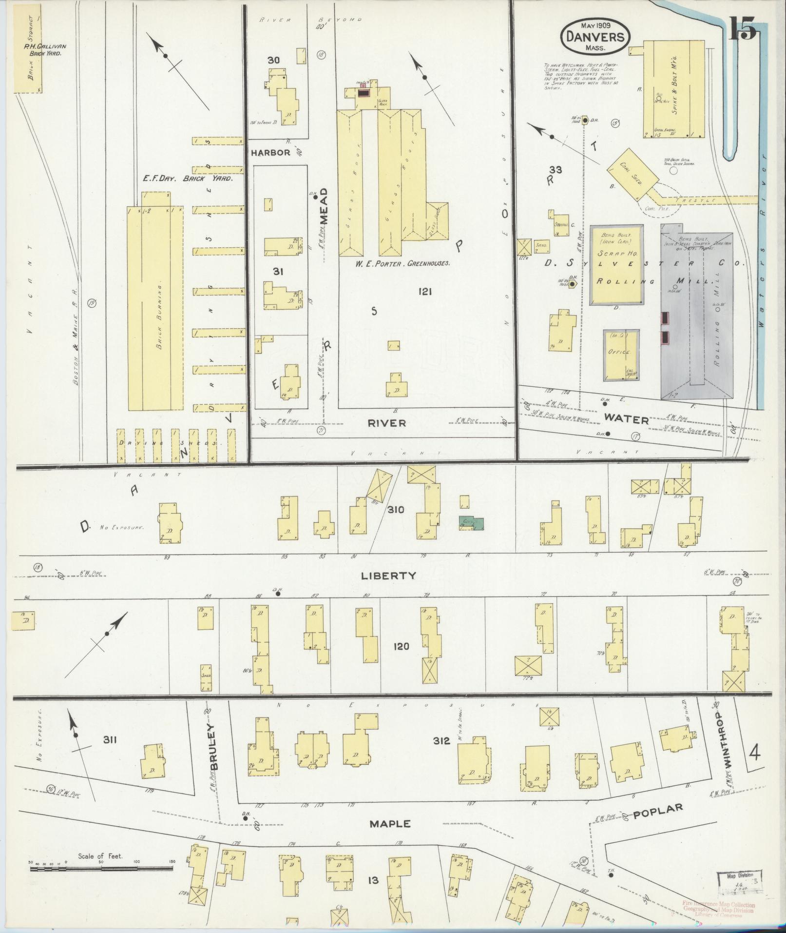 Sanborn Fire Insurance Map from Danvers, Essex County, Massachusetts (1909), Sheet #0015 - Complete Map Set gallery image, historic Sanborn map, vintage wall art, Massachusetts Massachusetts