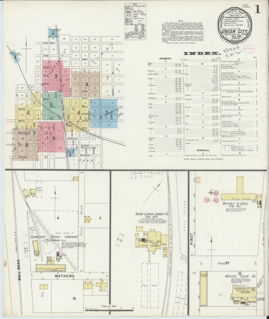 Sanborn Fire Insurance Map from Union City, Obion County, Tennessee (1897), Sheet #0001 - Historic Sanborn Fire Insurance Map Print, vintage old map wall art, antique decor, genealogy gift, Tennessee Tennessee map