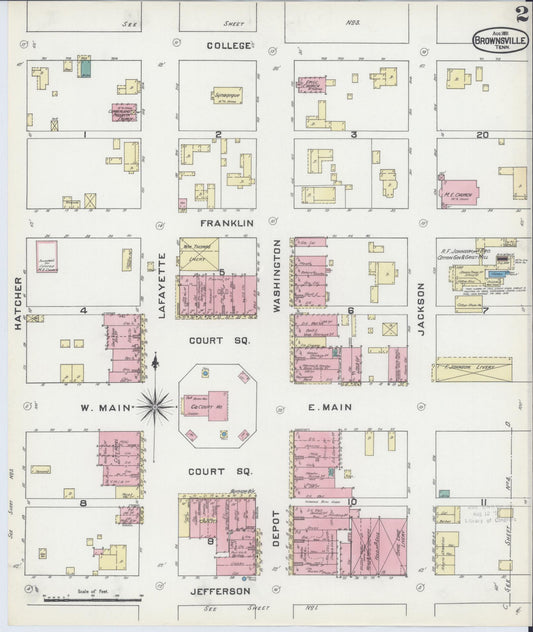 Sanborn Fire Insurance Map from Brownsville, Haywood County, Tennessee (1891), Sheet #0002 - Historic Sanborn Fire Insurance Map Print, vintage old map wall art, antique decor, genealogy gift, Tennessee Tennessee map