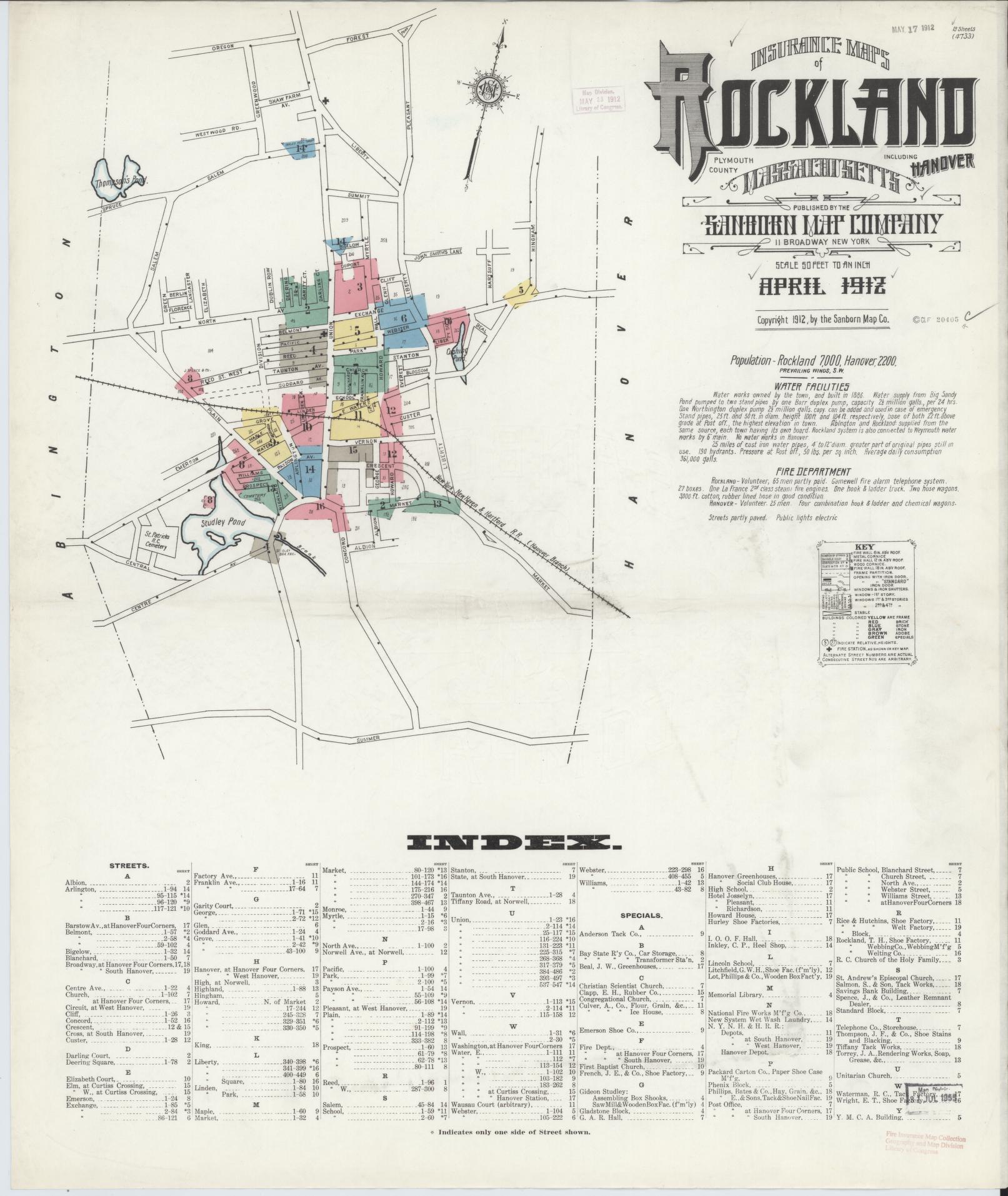 Sanborn Fire Insurance Map from Rockland, Plymouth County, Massachusetts (1912), Sheet #0001 - Complete Map Set gallery image, historic Sanborn map, vintage wall art, Massachusetts Massachusetts