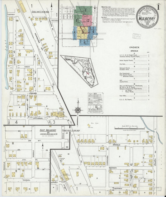 Sanborn Fire Insurance Map from Mulberry, Polk County, Florida (1919), Sheet #0001 - Complete Map Set gallery image, historic Sanborn map, vintage wall art, Florida Florida