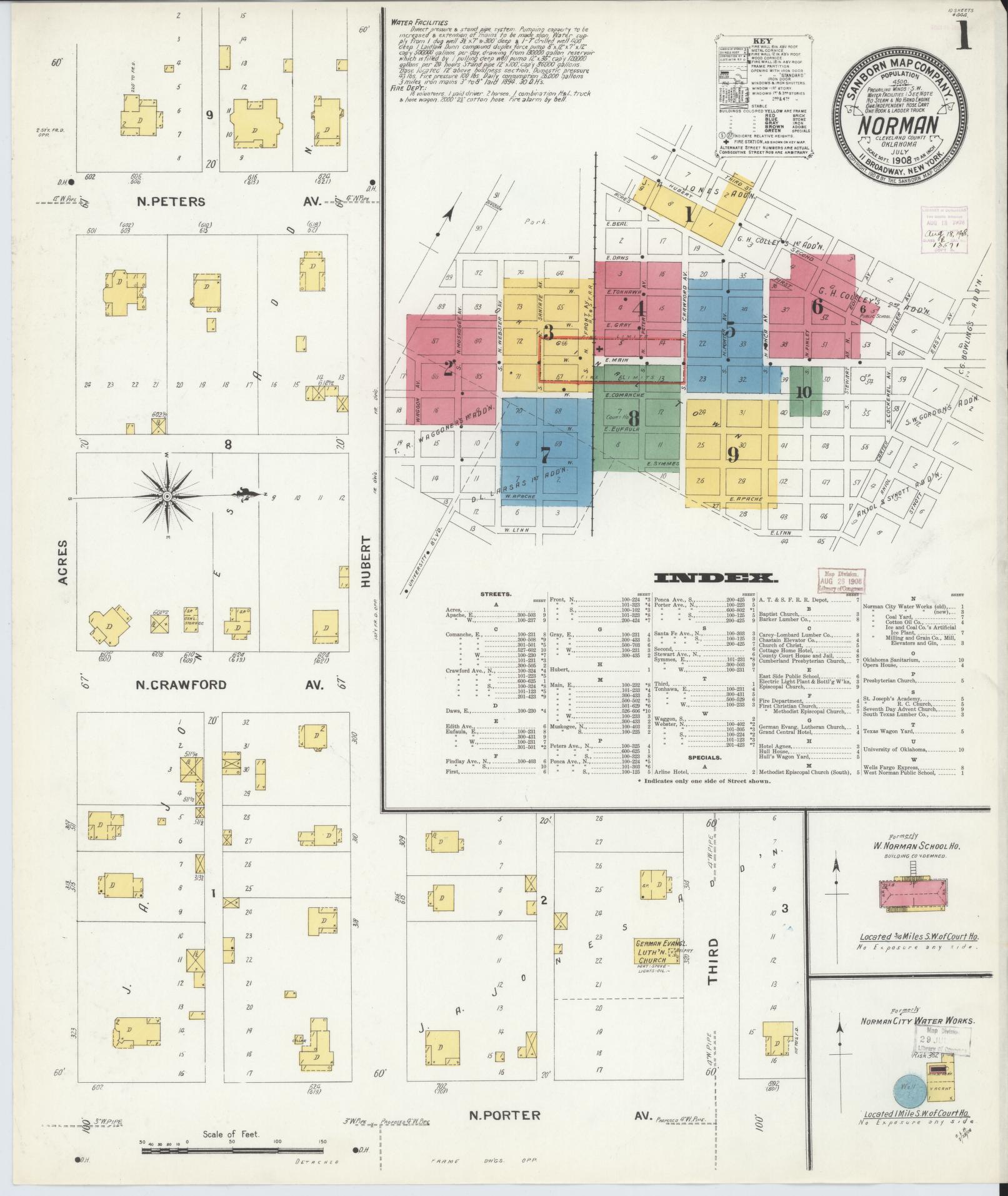 Sanborn Fire Insurance Map from Norman, Cleveland County, Oklahoma (1908), Sheet #0001 - Complete Map Set gallery image, historic Sanborn map, vintage wall art, Oklahoma Oklahoma