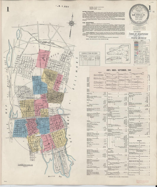 Sanborn Fire Insurance Map from Merrick, Nassau County, New York (1947), Sheet #0001 - Historic Sanborn Fire Insurance Map Print, vintage old map wall art, antique decor, genealogy gift, New York New York map