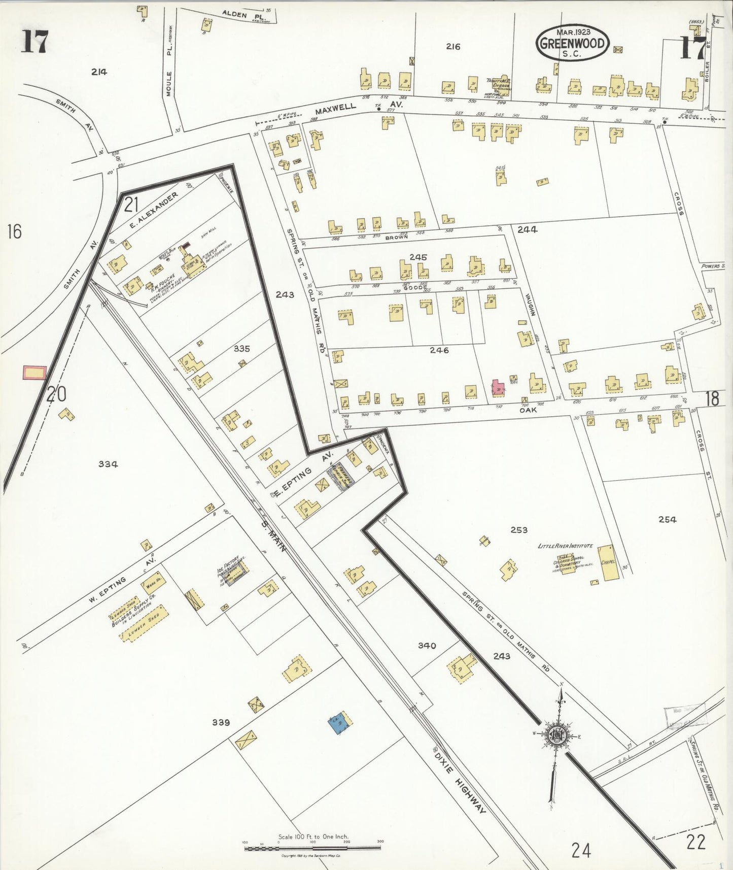 Sanborn Fire Insurance Map from Greenwood, Greenwood County, South Carolina (1923), Sheet #0017 - Complete Map Set gallery image, historic Sanborn map, vintage wall art, South Carolina South Carolina
