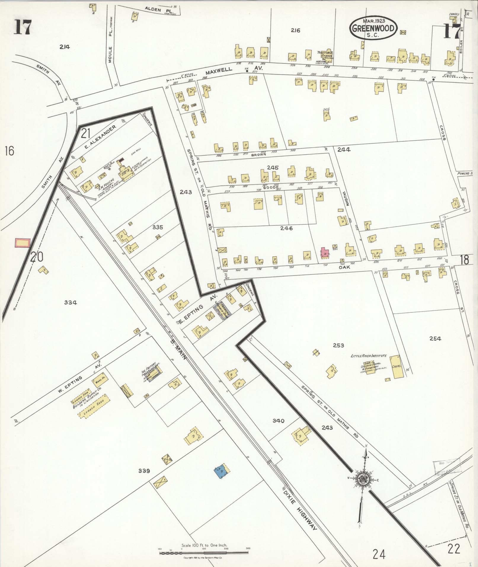 Sanborn Fire Insurance Map from Greenwood, Greenwood County, South Carolina (1923), Sheet #0017 - Complete Map Set gallery image, historic Sanborn map, vintage wall art, South Carolina South Carolina